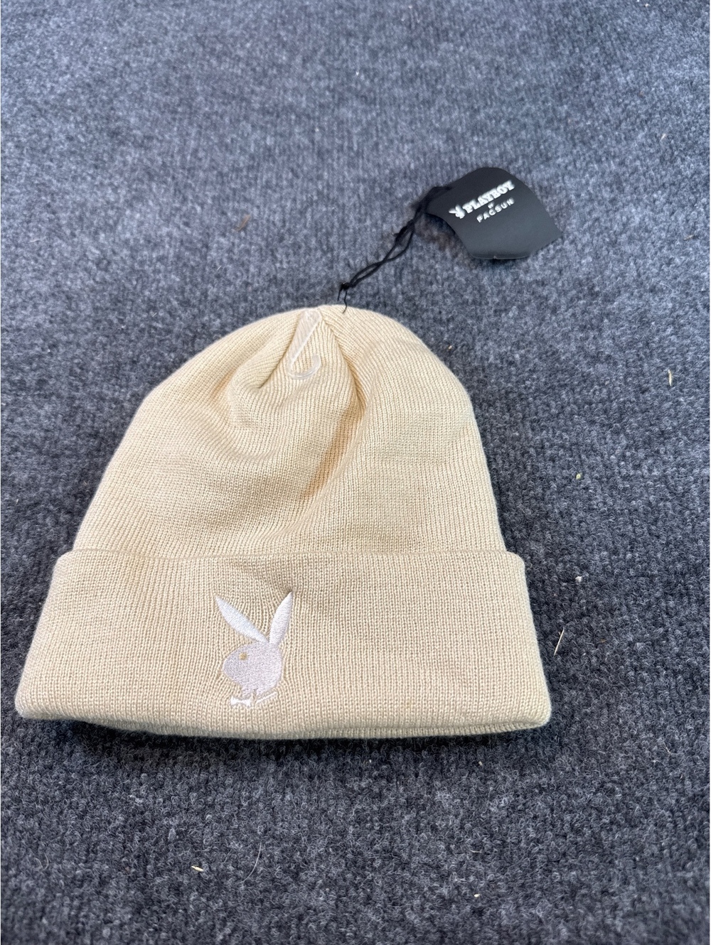 Playboy Bunny Logo Beanie Cream White Knit Cuffed Hat One Size Y2K